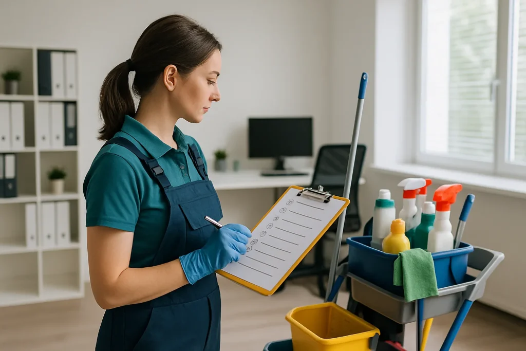 Agent de nettoyage utilisant des produits écologiques dans un bureau à Eschau.