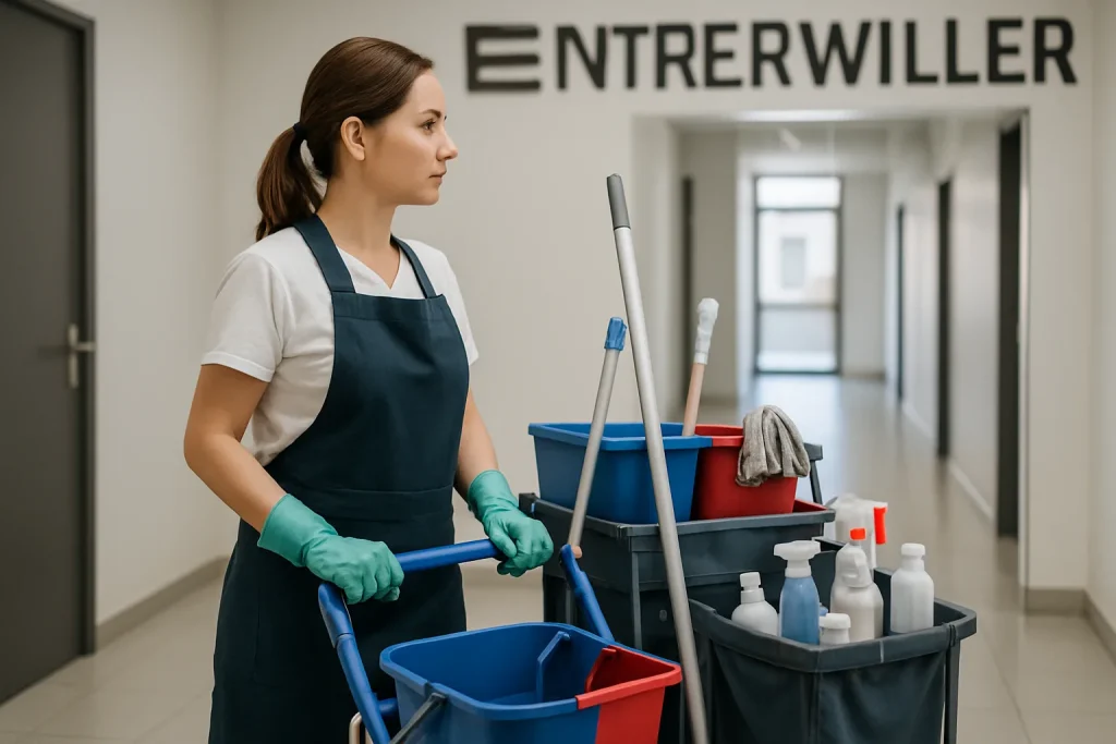 Des employés d'une entreprise de nettoyage à Scherwiller nettoient des bureaux avec diligence.