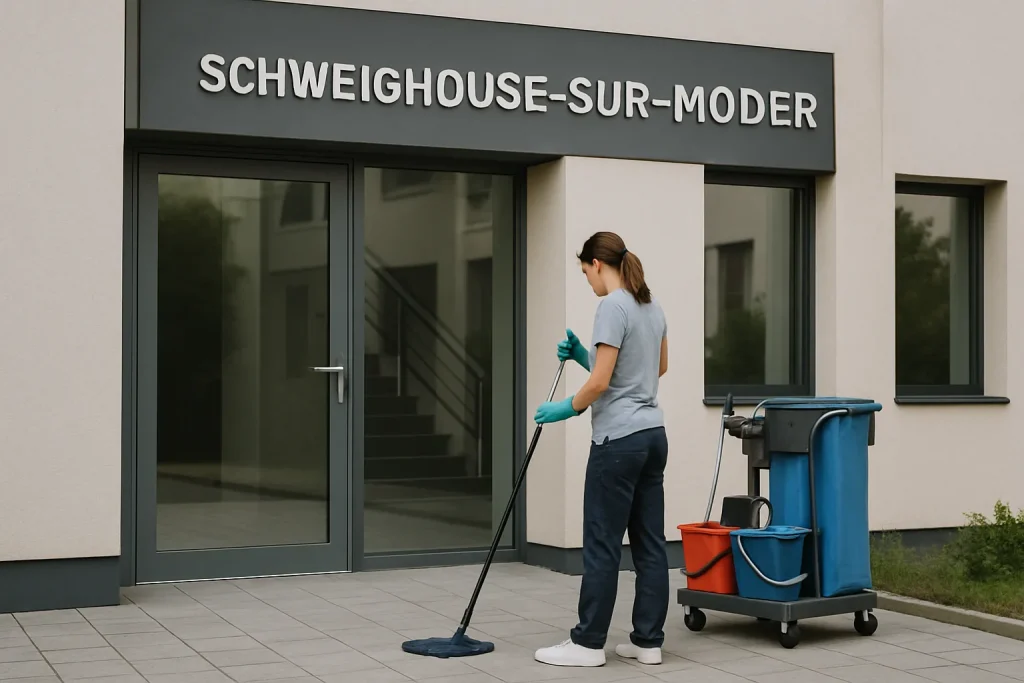 Un employé d'une entreprise de nettoyage effectuant un nettoyage dans un appartement à Schweighouse-sur-Moder.