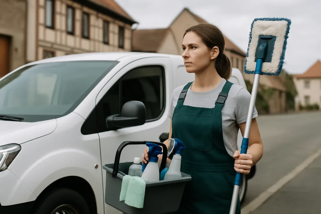 Équipe de nettoyage professionnelle nettoyant un appartement à Wissembourg avec des équipements modernes.