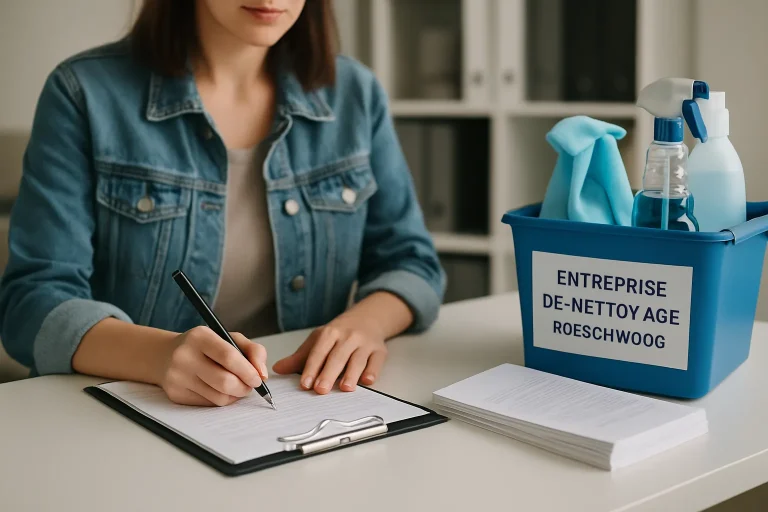 Un professionnel du nettoyage nettoyant un bureau à Roeschwoog, mettant en avant un espace propre.