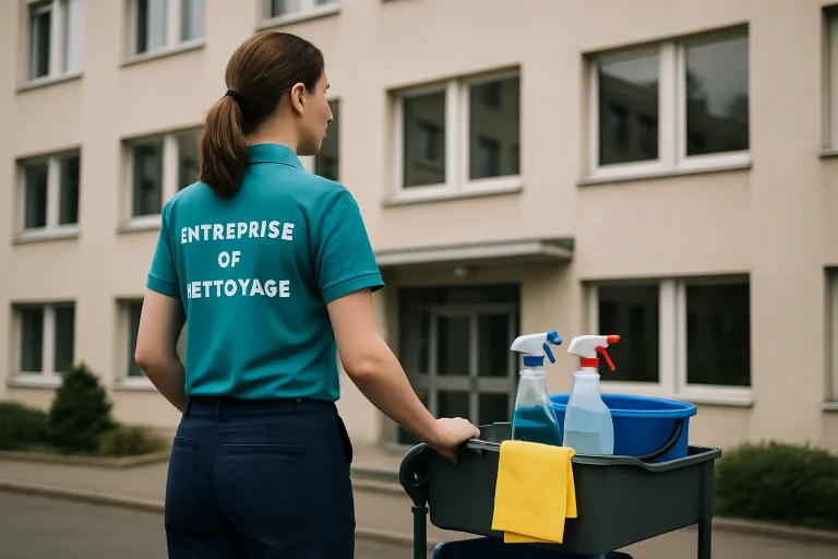 Un employé de nettoyage en action dans un bureau moderne à Schiltigheim, utilisant des produits désinfectants.