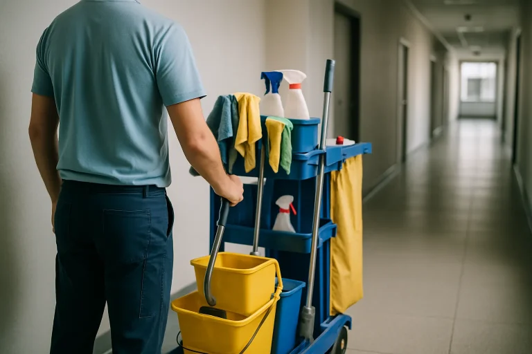 Un agent de nettoyage au travail dans un appartement à Sessenheim avec des produits d'entretien.