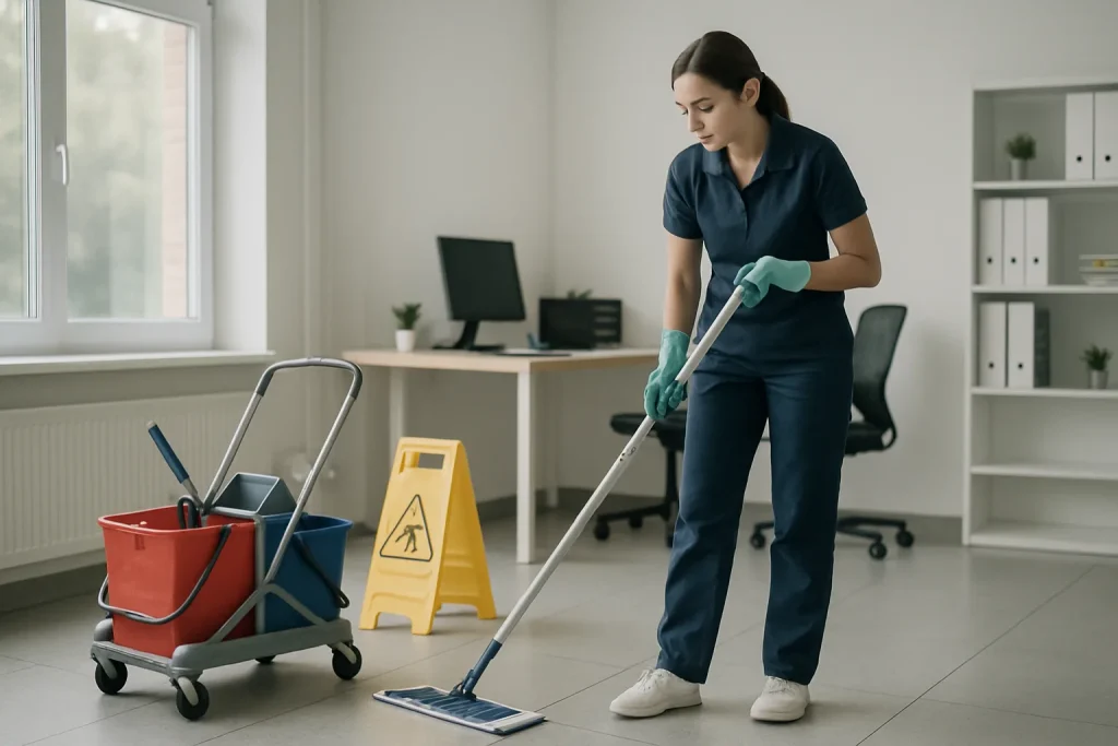 Un professionnel nettoyant un bureau avec des produits écologiques à Oberhoffen-sur-Moder.