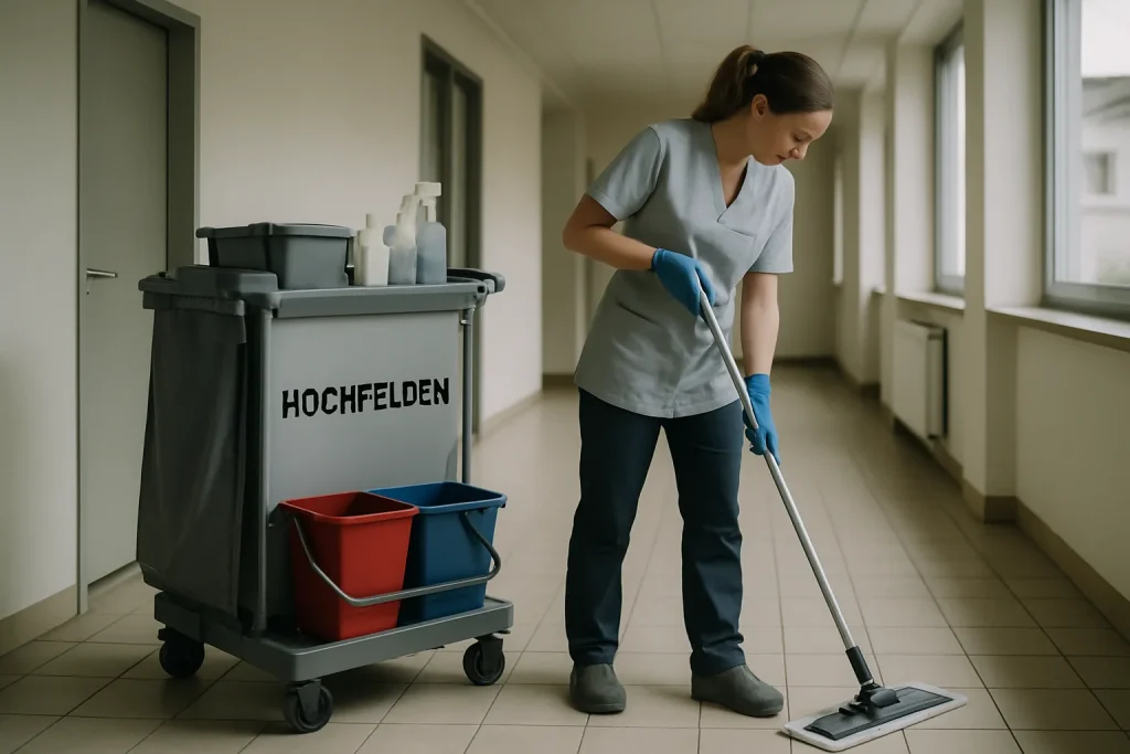 Équipe de nettoyage à Hochfelden s'occupant d'un bureau avec des équipements modernes.