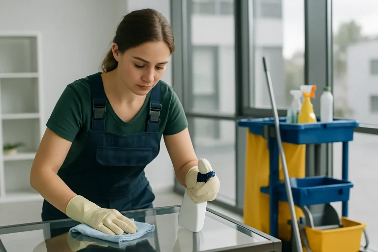 Un professionnel du nettoyage dans un appartement à Mutzig utilisant des produits de nettoyage.