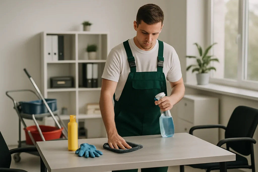 Un technicien de nettoyage travaille dans un appartement à Marlenheim avec des produits de nettoyage.