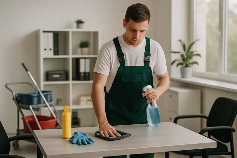 Un technicien de nettoyage travaille dans un appartement à Marlenheim avec des produits de nettoyage.
