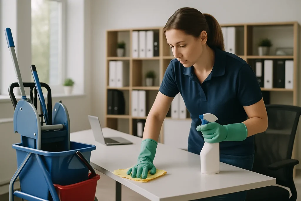 Un agent de nettoyage effectuant des tâches dans un bureau à Hoerdt avec des produits respectueux de l'environnement.