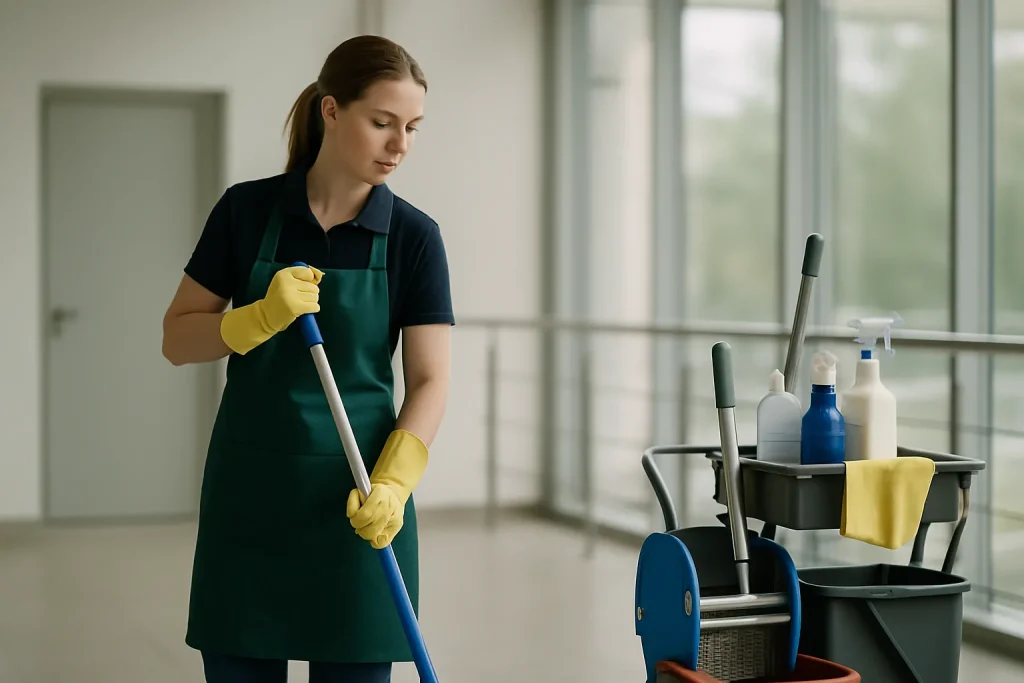 Équipe de nettoyage professionnel à Seltz travaillant dans un appartement propre et bien organisé.