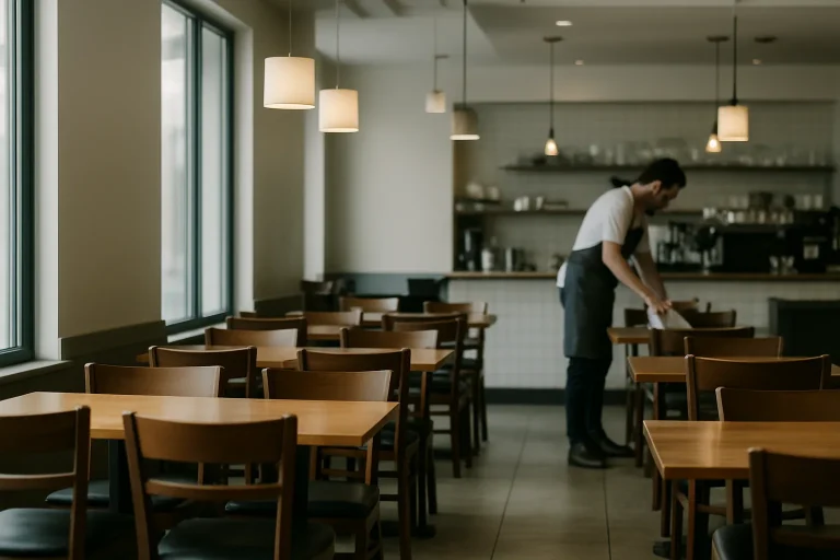 Intérieur de café moderne avec serveurs nettoyant, tables et chaises alignées.