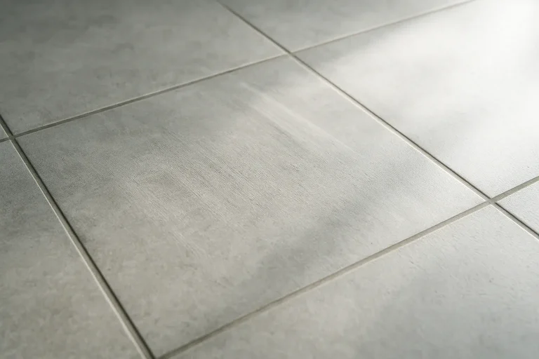Sol carrelé nettoyé avec traces de poussière résiduelle, éclairage naturel.