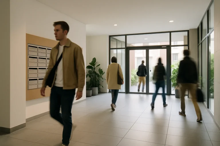Résidents dans un hall d'entrée moderne à Strasbourg, lumière douce
