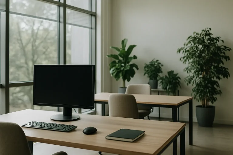 Bureau moderne en Alsace avec lumière naturelle, mobilier contemporain et plantes.