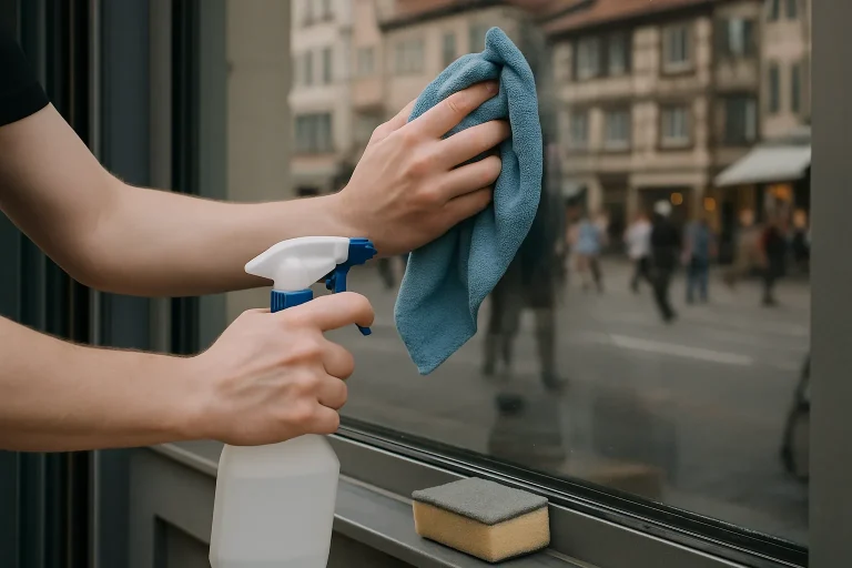 Mains nettoyant une vitrine de commerce à Colmar avec des outils, lumière neutre