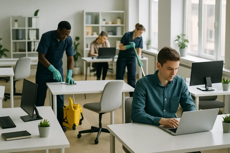Agents d'entretien nettoyant un open space moderne, employés concentrés, lumière douce.