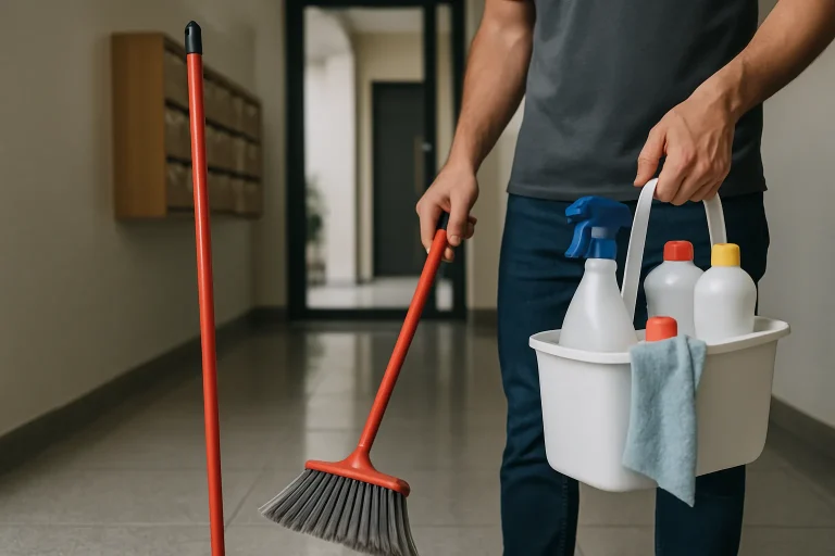 Mains utilisant un balai et des produits de nettoyage dans un hall d'entrée de copropriété.