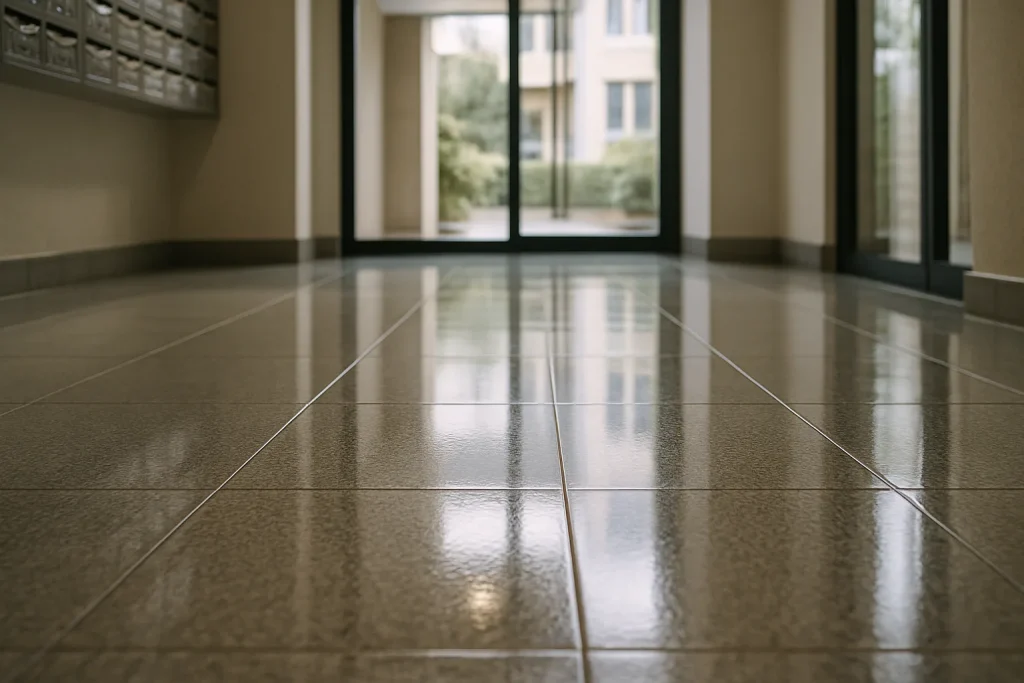 Sol propre et brillant dans un hall de copropriété, lumière naturelle, détails visibles