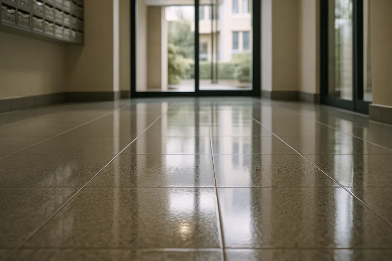 Sol propre et brillant dans un hall de copropriété, lumière naturelle, détails visibles
