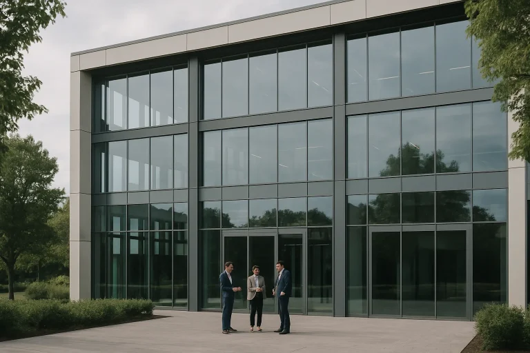 Façade vitrée d'un siège social moderne à Strasbourg avec employés à l'entrée.