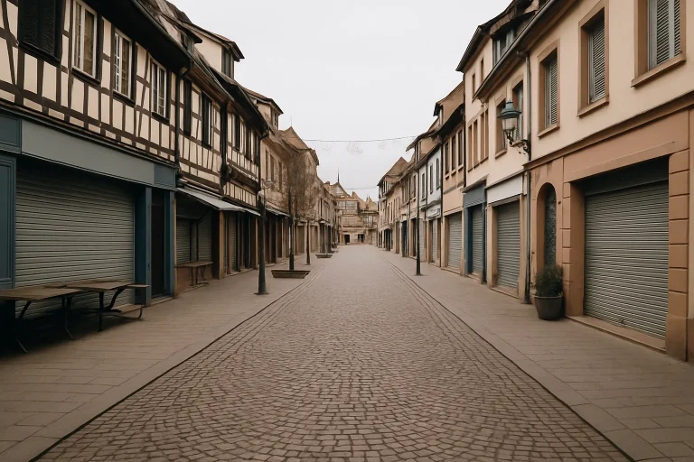 Rue commerçante à Obernai avec boutiques fermées, ambiance dominicale paisible.