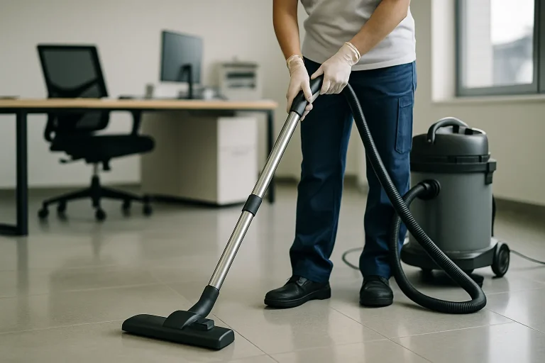 Un agent de nettoyage utilisant un aspirateur tôt le matin dans un bureau à Lingolsheim