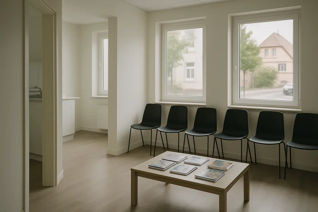 Salle d'attente d'un cabinet médical à Wissembourg avec chaises et table basse