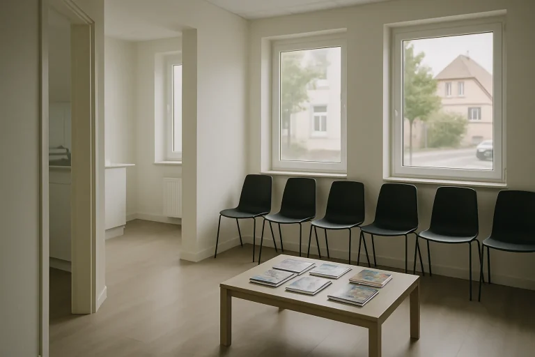 Salle d'attente d'un cabinet médical à Wissembourg avec chaises et table basse