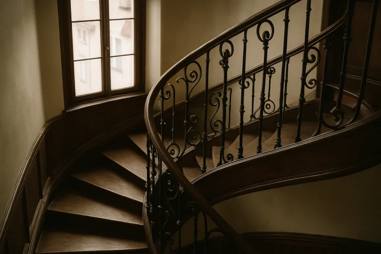 Cage d'escalier en colimaçon avec lumière douce, détails architecturaux visibles