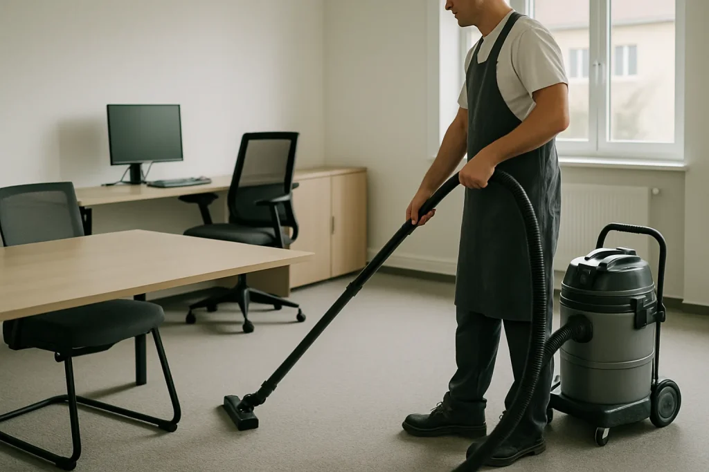 Agent de nettoyage utilisant un aspirateur dans un bureau moderne à Molsheim, mobilier contemporain visible.