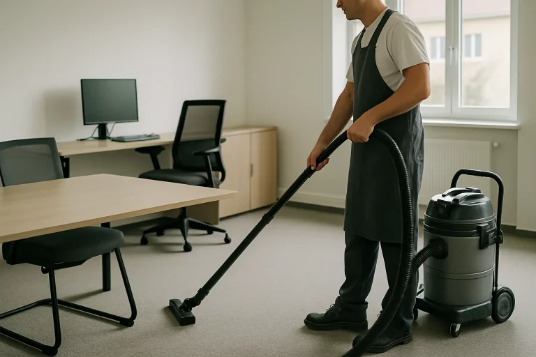 Agent de nettoyage utilisant un aspirateur dans un bureau moderne à Molsheim, mobilier contemporain visible.
