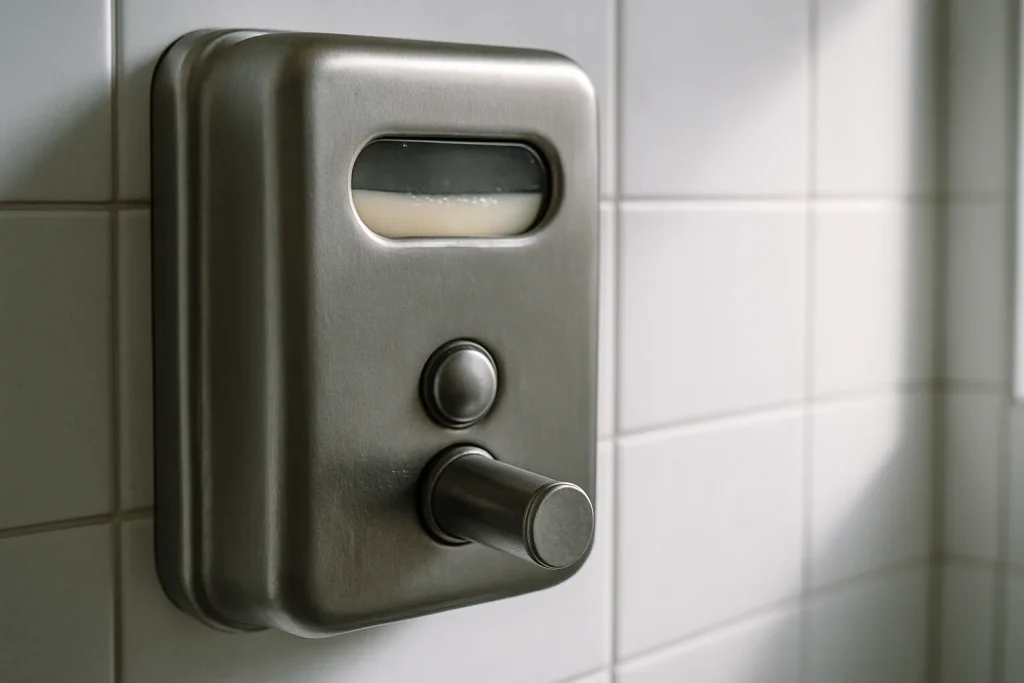 Distributeur de savon industriel dans des sanitaires d'entreprise, lumière naturelle.