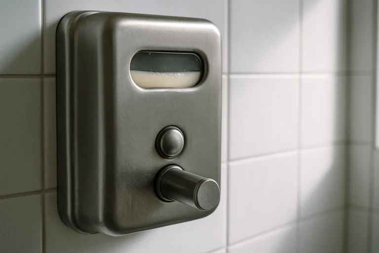 Distributeur de savon industriel dans des sanitaires d'entreprise, lumière naturelle.