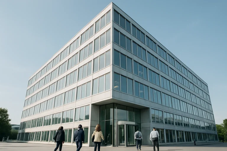 Vue d'un bâtiment de bureaux à Mulhouse, employés entrant, journée ensoleillée