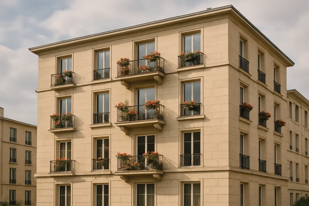Façade d'un immeuble locatif à Saint-Louis avec des balcons fleuris sous un ciel nuageux.