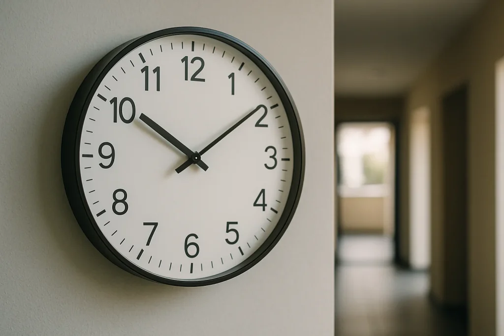 Horloge murale moderne dans un hall d'immeuble à Bischheim, lumière naturelle douce.