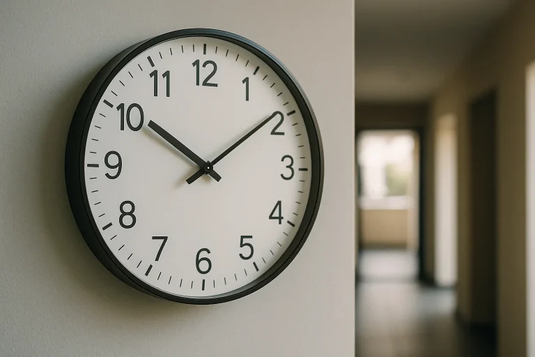 Horloge murale moderne dans un hall d'immeuble à Bischheim, lumière naturelle douce.