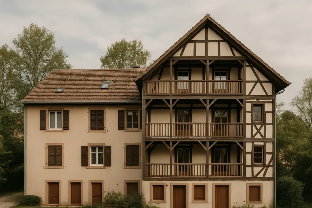 Petite copropriété à Saverne, façades alsaciennes et ciel nuageux.