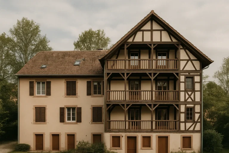 Petite copropriété à Saverne, façades alsaciennes et ciel nuageux.