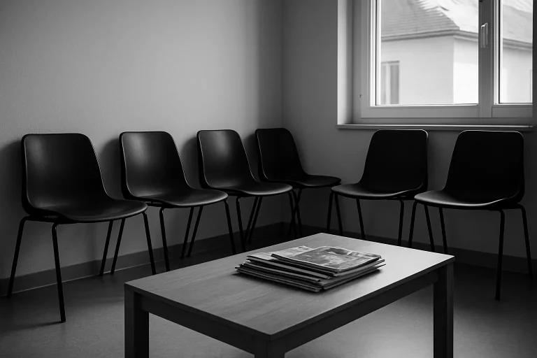 Salle d'attente d'un cabinet médical en Alsace avec des chaises et une table basse, en noir et blanc.