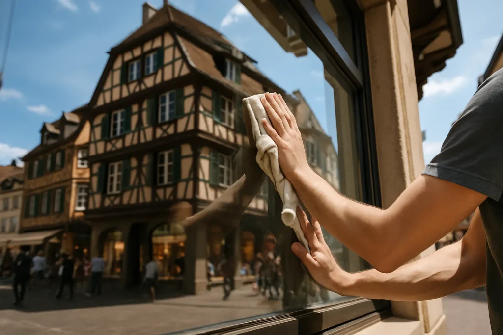 Mains nettoyant une vitrine commerciale à Colmar sous la lumière du jour.