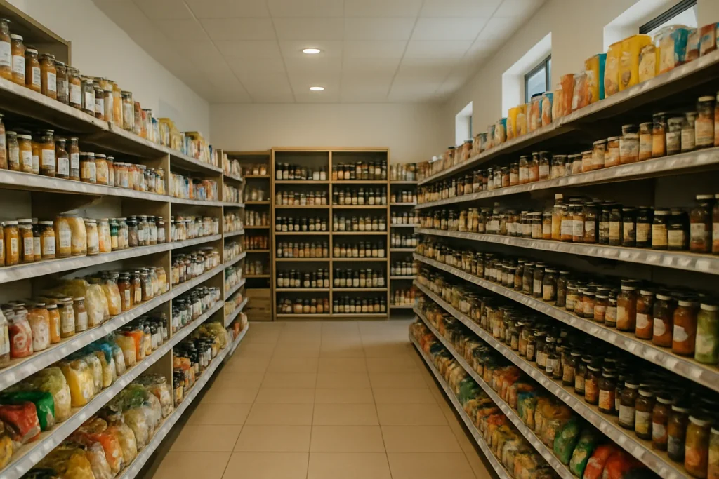 Épicerie à Haguenau avec étagères rangées et sol propre, lumière douce.