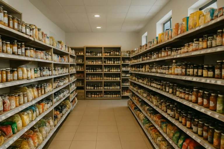 Épicerie à Haguenau avec étagères rangées et sol propre, lumière douce.