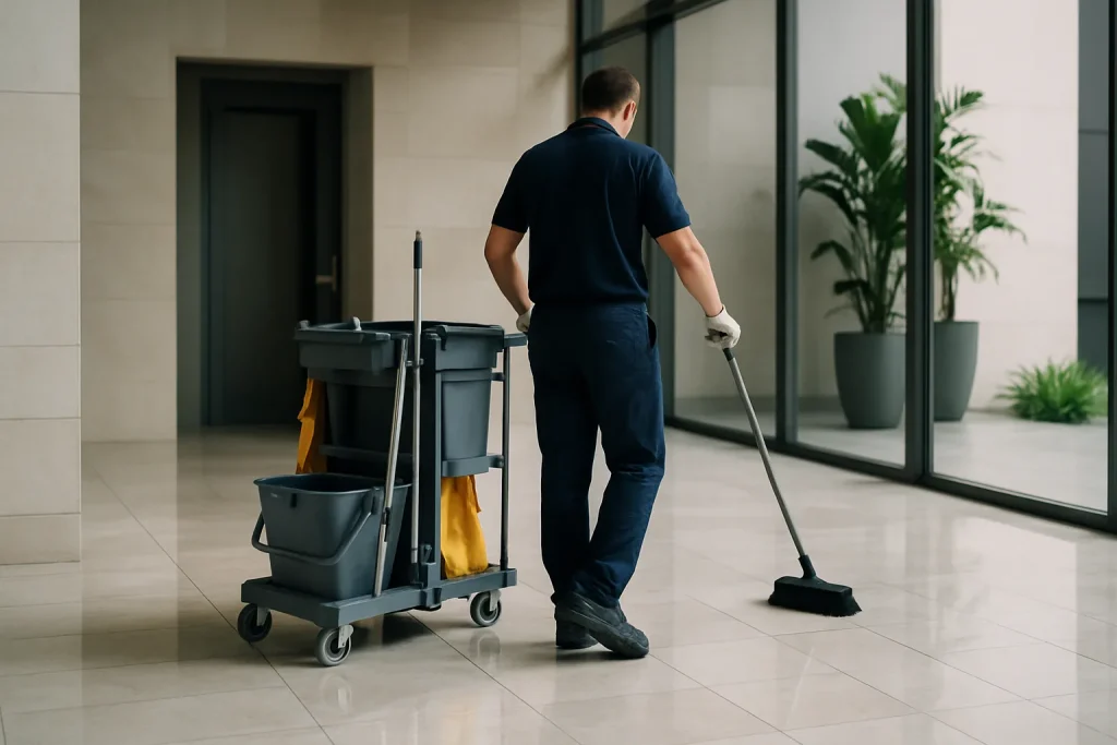 Agent de nettoyage avec chariot et balai dans un hall d'entrée d'immeuble après un déménagement.