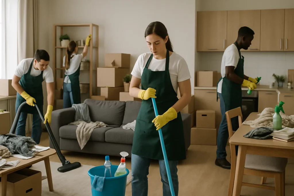 Équipe de nettoyage travaillant dans un appartement encombré après expulsion.
