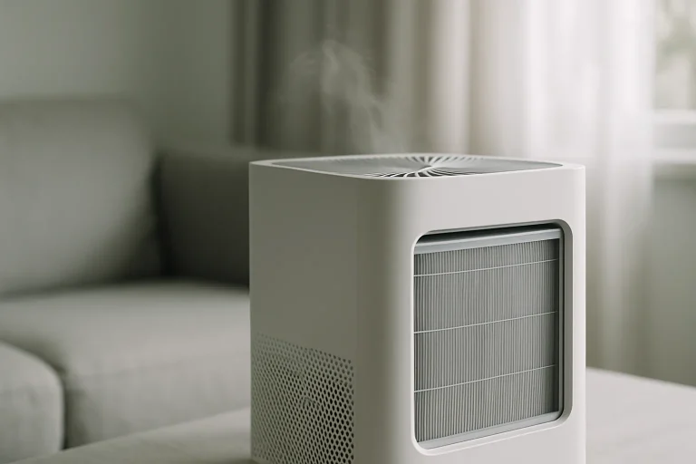 Purificateur d'air en fonctionnement avec filtre visible, lumière naturelle