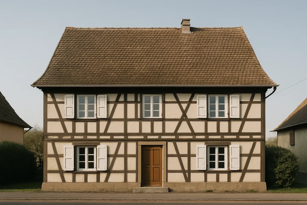 Maison traditionnelle alsacienne sous un ciel clair, vue de face