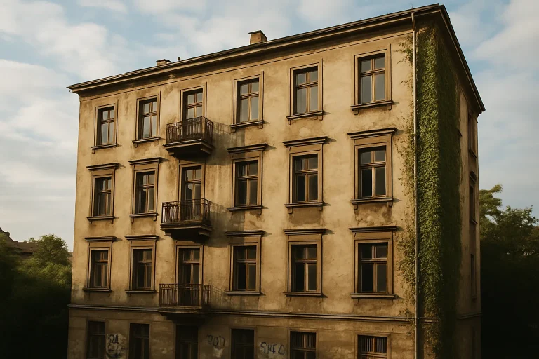 Immeuble résidentiel ancien avec façade usée et plantes grimpantes, éclairé par la lumière du matin