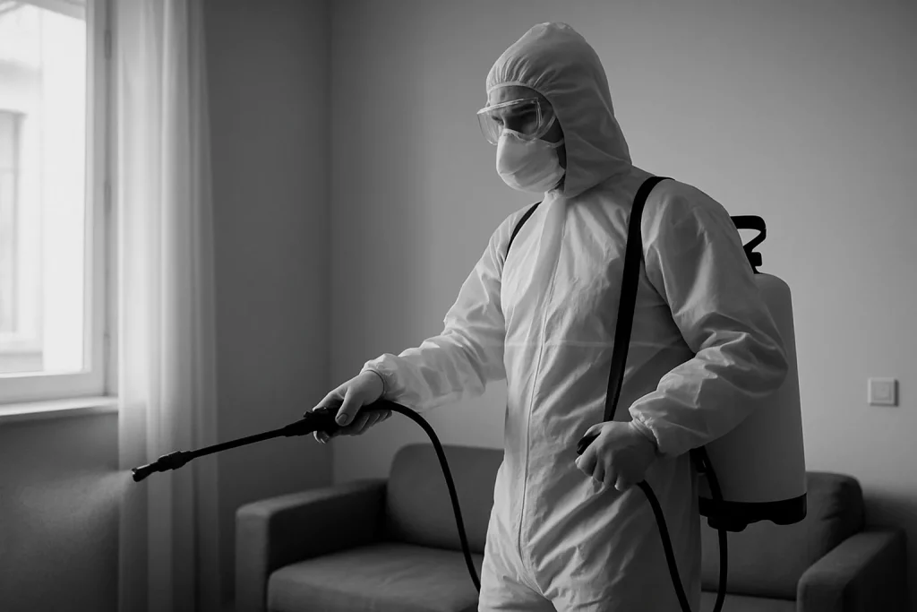 Professionnel en combinaison désinfectant une pièce après une scène traumatique.