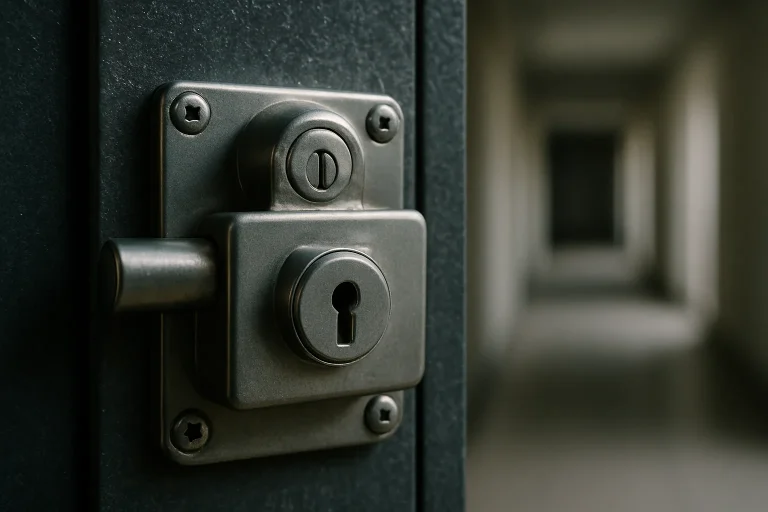 Gros plan d'une serrure renforcée sur une porte, couloir vide en arrière-plan